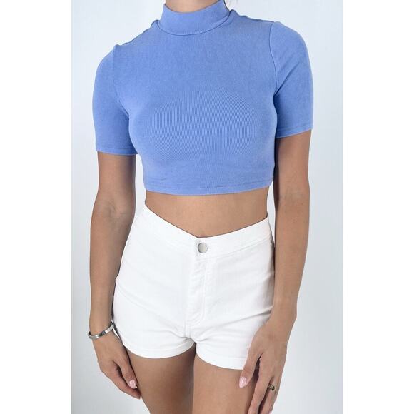 Women's Periwinkle Ribbed Mock Neck Short Sleeve Blouse Size XS - Picture 1 of 3